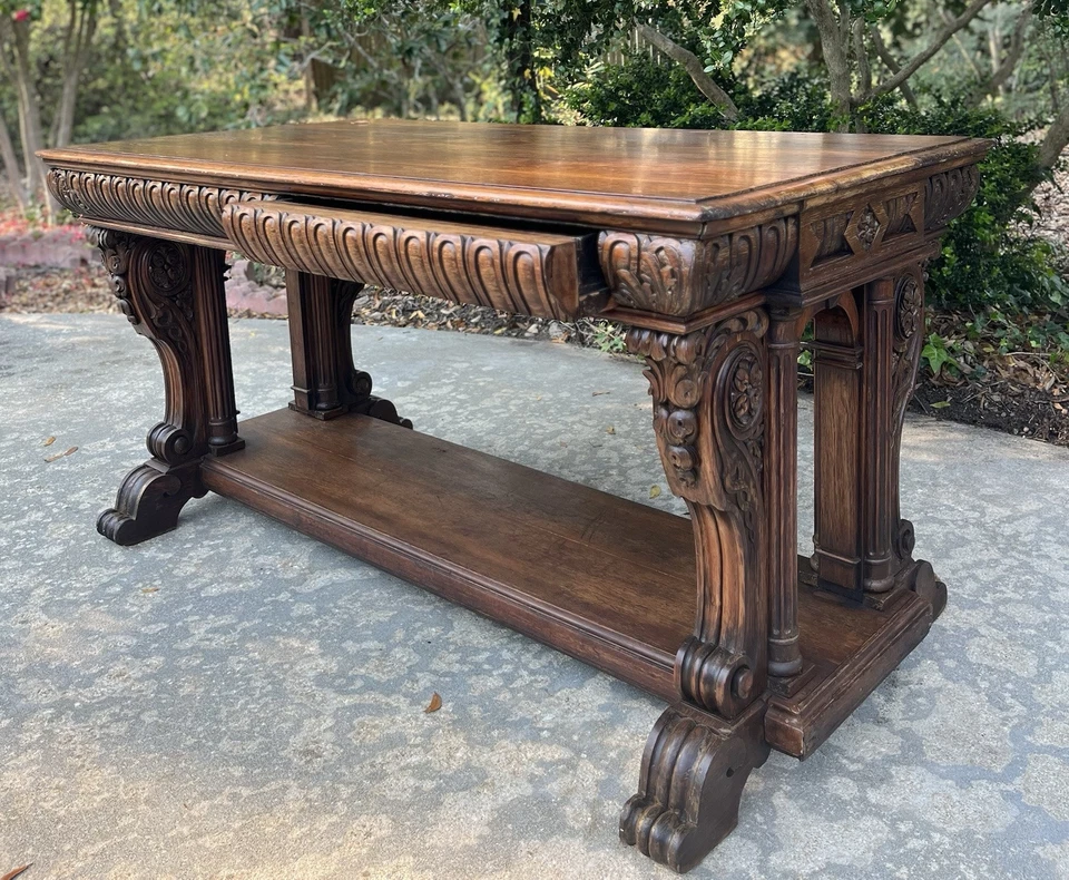 Antiguo caballete de mesa de comedor de escritorio de pareja de biblioteca francesa tallada de nogal macizo Foto 2 de 4