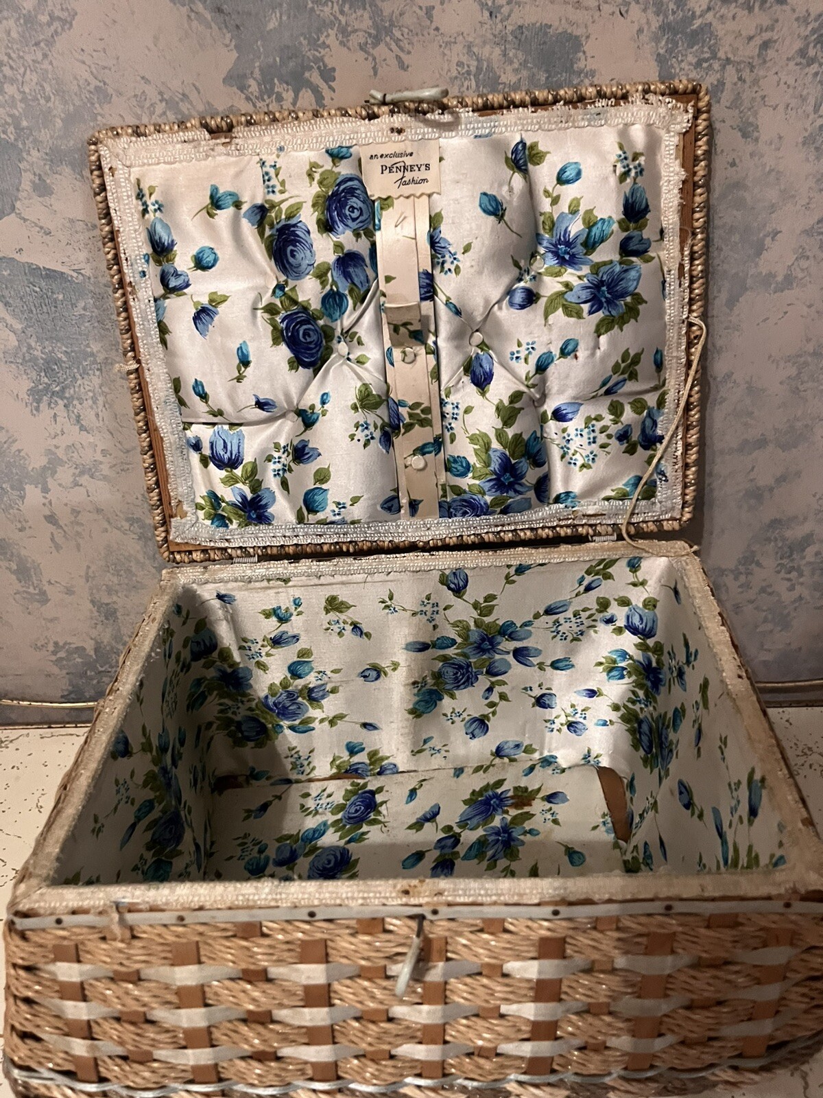Vintage 60’s JC Penney’s Wicker Sewing Basket with Floral Silk cloth lining.