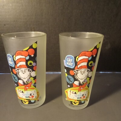 Set of 2 Cat in The Hat Dr Seuss Tall Frosted Glass Tumbler Cat's Gone Wild