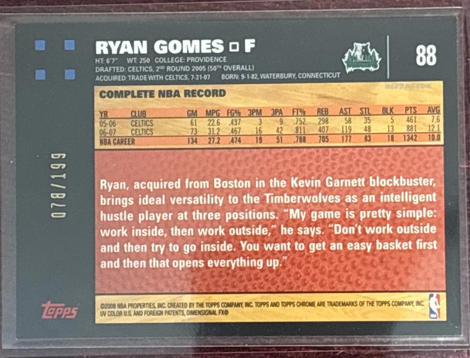 2008 Topps Chrome NBA Orange Refractor #88 Ryan Gomes /199 Mint! RARE!! - Image 2 of 2