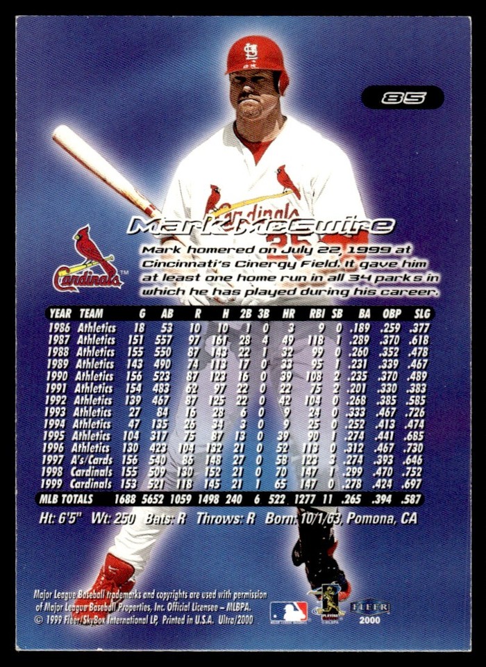 2000 Fleer Ultra Baseball Card Mark McGwire St. Louis Cardinals 85 eBay