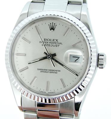 Rolex Datejust Mens Stainless Steel & 18K White Gold Silver w/ Oyster Band 16234