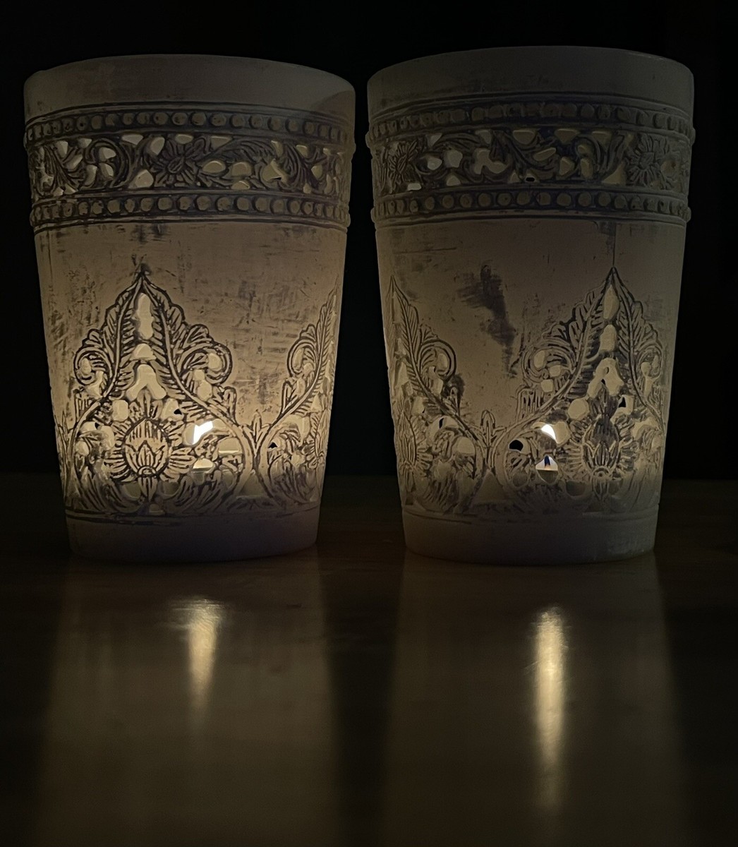 古い記念盃　4点（箱　布「白」） Handmade Saigon River Factory Alabaster Stone Votive Cup Tea Light