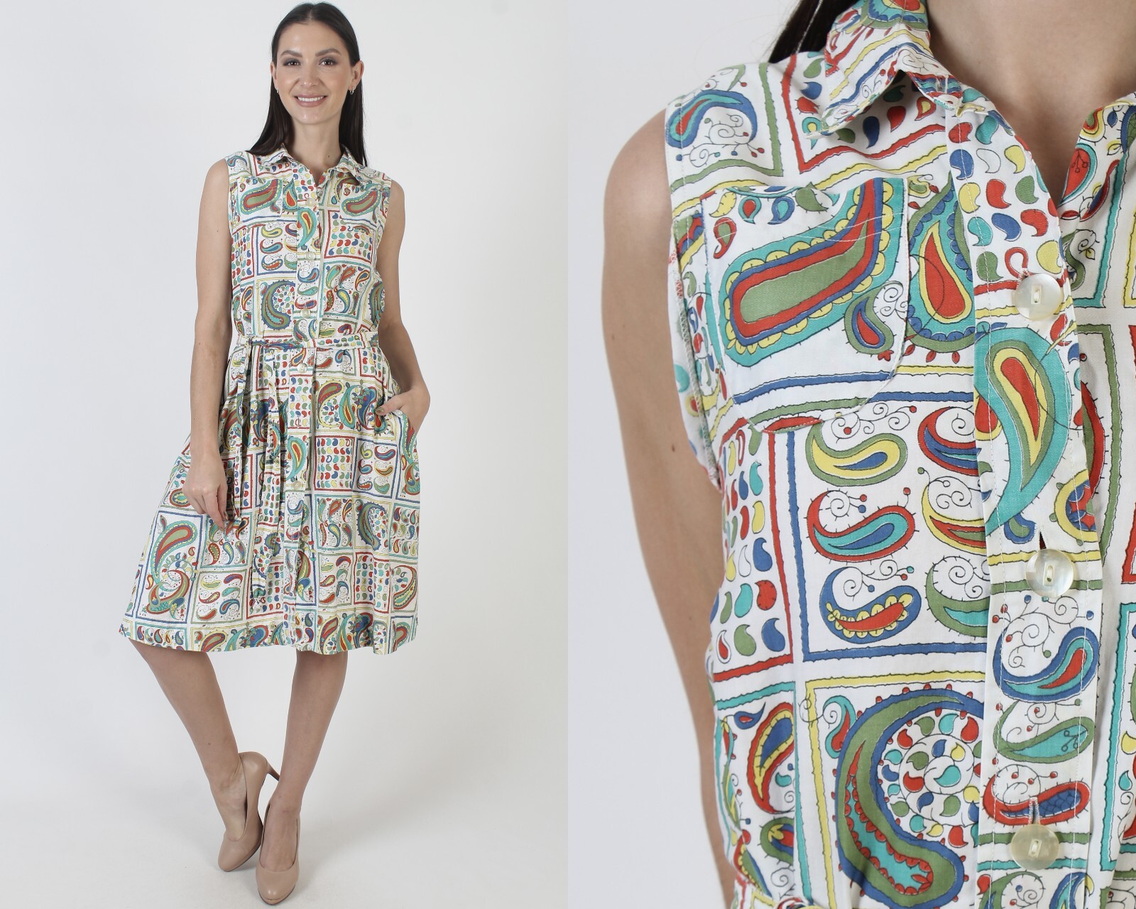 Vtg 60s All Over Print Cocktail Dress Go Go Mod Belted Swing Full Skirt Sundress