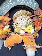 HARVEST GREETINGS FALL LEAF SCARECROW WREATH HOME HOLIDAY DECOR UNBRANDED 