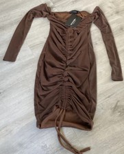 LADIES PRETTYLITTLETHING SHAPE CHOCOLATE BROWN MESH BODYCON DRESS SIZE 6 BNWT