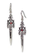 Gothic Skull Dagger Pewter Earrings with Red Austrian Crystals #971