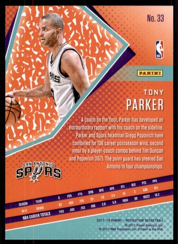 2017-18 Panini Revolution Tony Parker San Antonio Spurs #33 NBA Basketball - Picture 2 of 2
