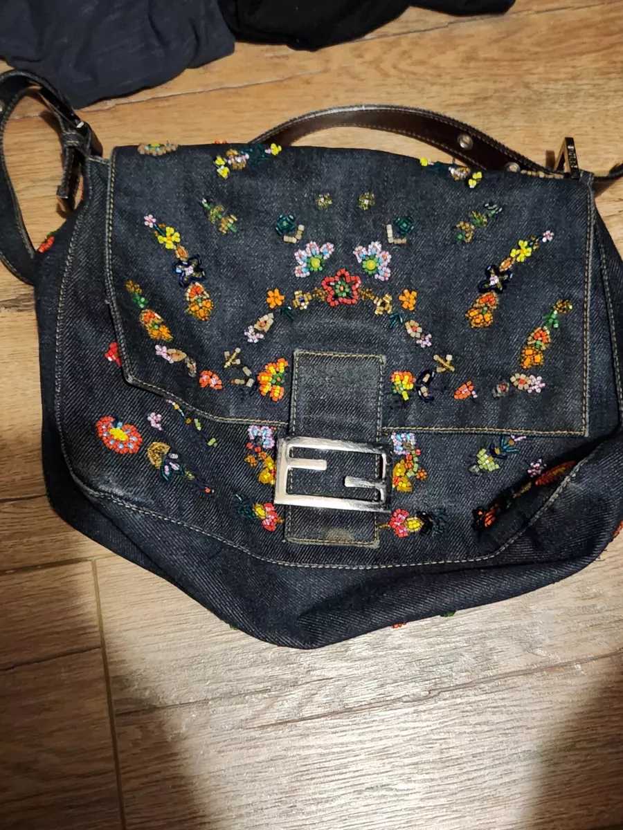 Vintage Fendi Mamma Baguette Bag Ricami Denim Floral Beaded Silver Hardware