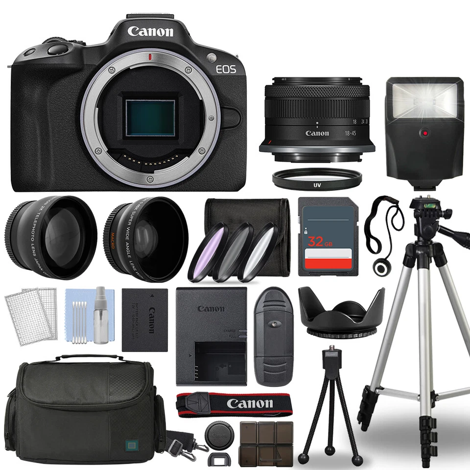 Canon EOS R50 Mirrorless Camera Black + 3 Lens Kit 18-45mm + 32GB + Flash & More