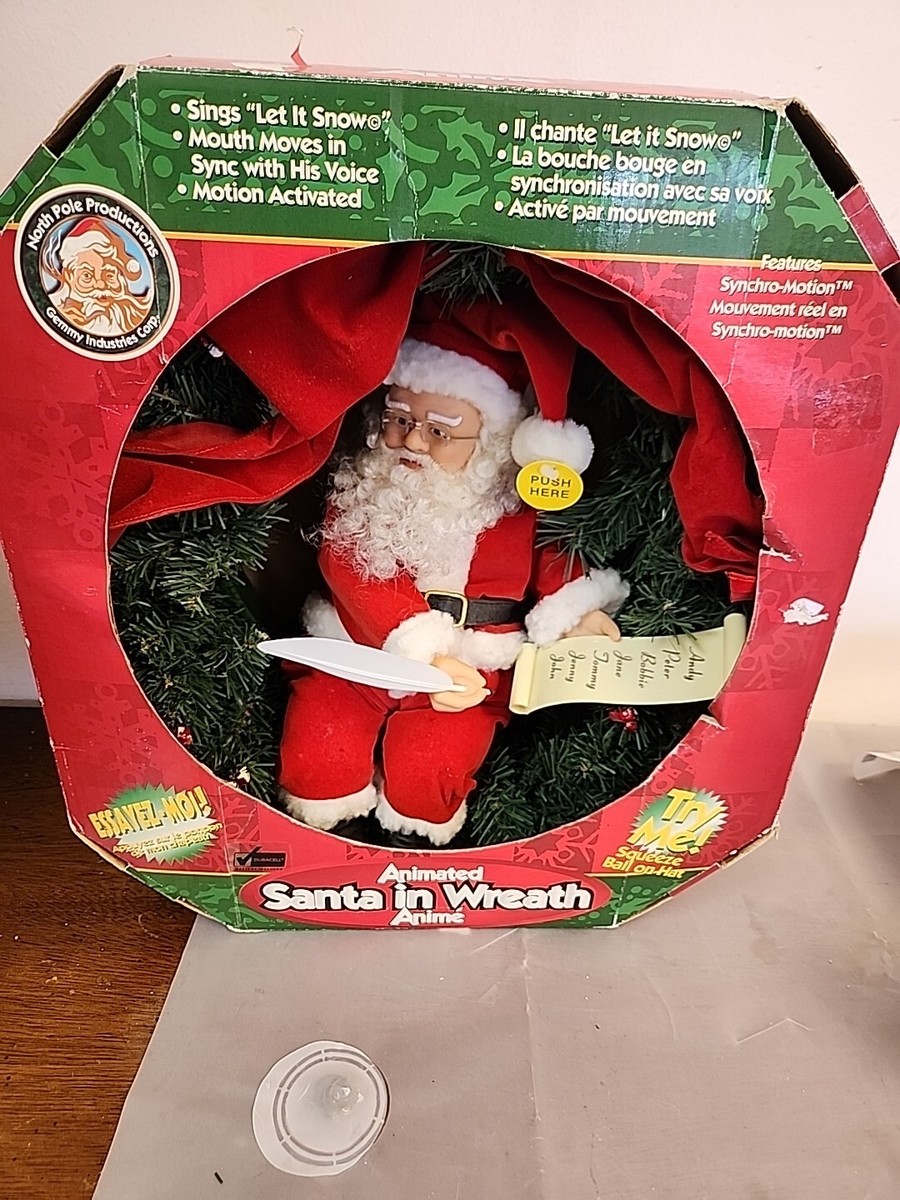 Gemmy Vtg Animated SINGING SANTA Wreath- Mouth Moves Sings & Talks