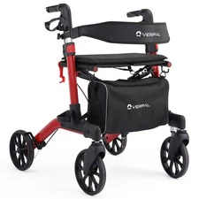 Dual Folding Rollator Walker Aluminum Rolling Walker 350LB Capacity With Seats