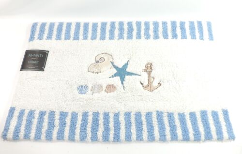 Tapis de bain nautique Antigua bleu et blanc 20 x 30 pouces coquille d'ancrage étoile de mer NEUF - Photo 1/6
