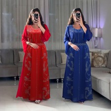 Women Dubai Muslim Long Sleeve Dress Abaya Kaftan Evening Party Robes Rhinestone