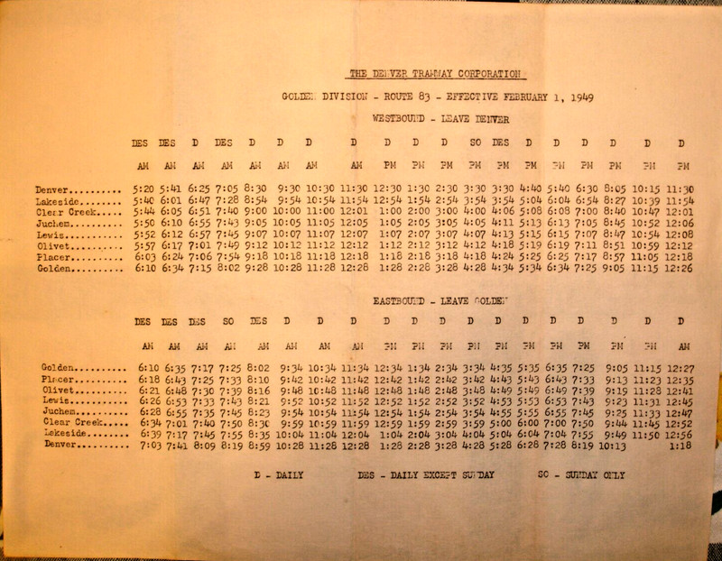 DENVER TRAMWAY CORP GOLDEN DIV-RT 83 E & W-BOUND SCHED FEB 1 1949/8 1/2 X 11"