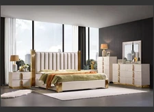 Luxurious Queen Size Bedroom Set 4pc Bed Leather Air, LED Mirror, Gold Finish