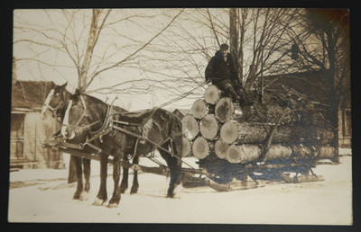 Logging Man Pulling Log Haul with Horses in Snow Winter Scene Postcard RPPC