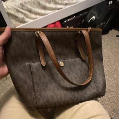 Michael Kors Brown Logo Tote Bag Zip Top Gold Hardware Lined Inner Pockets