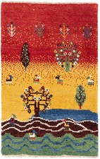 Perser Gabbeh Teppich Grün 52x81 cm Nomadenstil Wolle Handgeknüpft