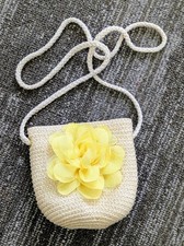 Girls Straw Shoulder Bag Beige Yellow with Flower Accent Casual