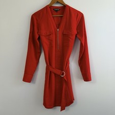 Express 100% Polyester Red Shirt Dress Long Sleeve V-Neck Belted Zip XS