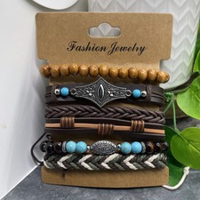 6 PC Handmade Boho Wood Bead Stackable 7  Plus Stretch Charm Bracelet Set B5347