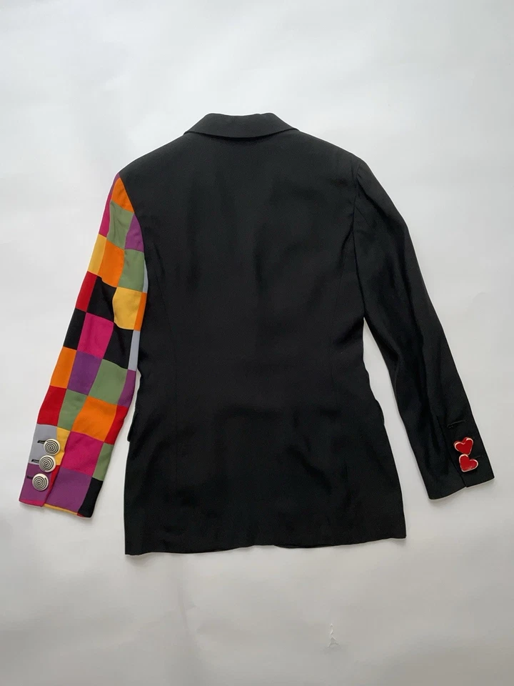 Vintage Moschino Couture 90's Heart Button Rainbow Patchwork Sleeve Blazer 40 - Image 3 of 4