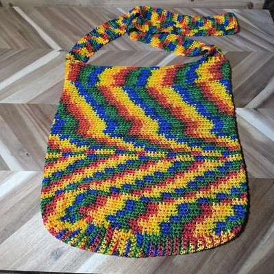 Crochet Bucket Beach Bag Multicolor Zig Zag Boho Hippie Blue Green Red Yellow
