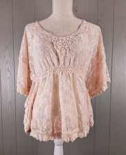 Vintage Y2K Pink Lace Top Womens M Fairy Cottagecore Coquette Babydoll Crochet