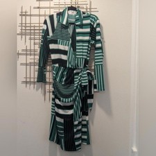 Nine West Wrap Dress Green Black Geometric Stripe Long Sleeve Lg Chic Mod Retro
