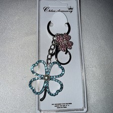 Four-Leaf Clover Bag Charm Keychain Aqua/Pink Rhinestones Faux Pearl