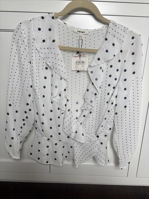 Koton White Polka Dot Long Sleeve V Neck Ruffle Blouse Women Business Medium