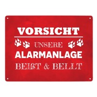 Vorsicht Unsere Alarmanlage BeißT & Bellt Metallschild XXL In 28X38 Cm In Rot
