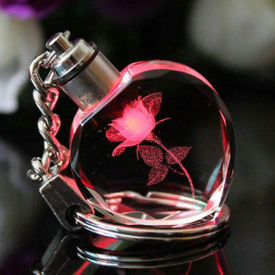 1pc LED Crystal Heart Rose Keychain Colorful Rhinestone Love Keyring - NEW