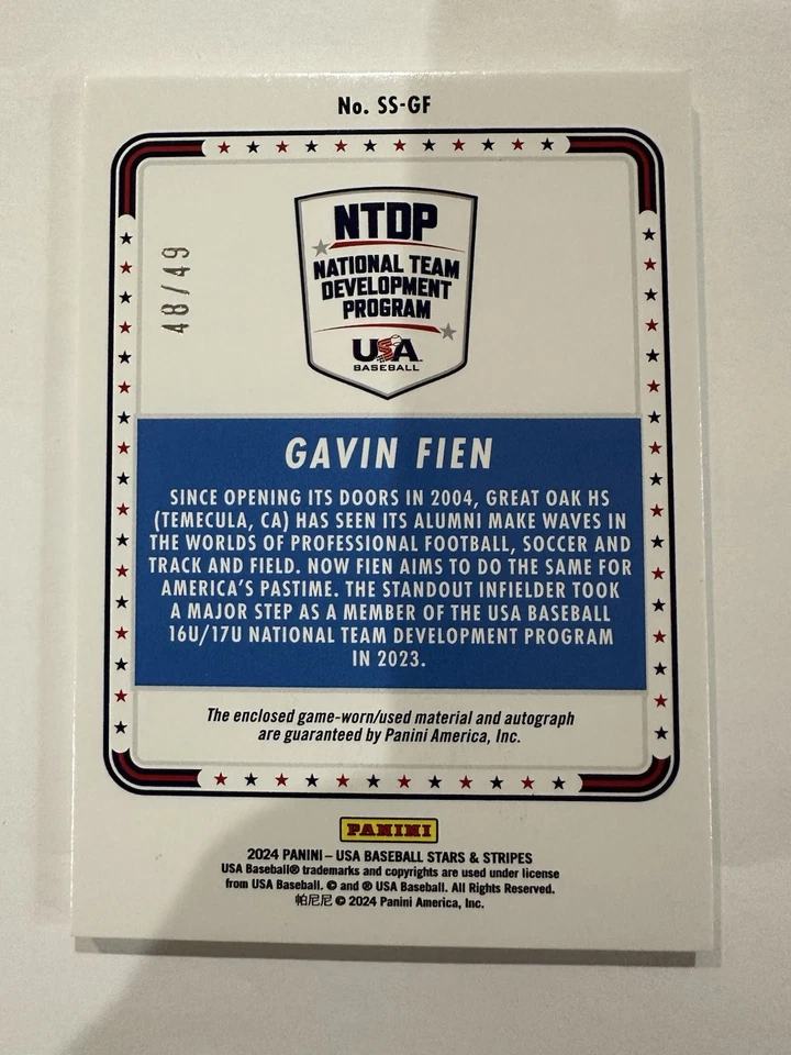 2024 Panini USA Stars Stripes Gavin Fien BLACK & GOLD PATCH AUTO /49 Rangers 1st - Image 2 of 2