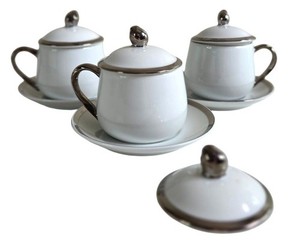 Georg Jensen 3 Silver Trim Pot de Cream Chocolate Cups & Saucers W/ Lids Japan