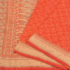 Sanskriti Vintage Orange Sarees Pure Satin Hand Beaded Brocade Sari 5 Yd Fabric