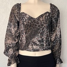 Guess Leopard Print Corset Crop Top Puff Sleeve SweetheartWomen's Small