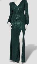 XSCAPE Women's Green V-Neck Long Sleeve Sequined Side-Slit Gown Petite Size 8P