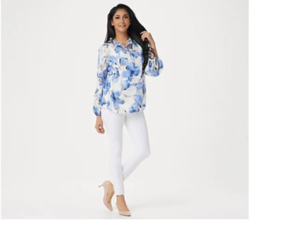 Dennis Basso Printed Woven Peasant Top & Knit Camisole-Soft Iris-18-NEW-A349305