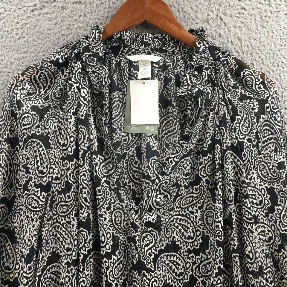 NUEVO H&M Tops Mujer L Negro Blanco Paisley Manga Globo Cuello en V Blusa Pop Over Foto 2 de 4