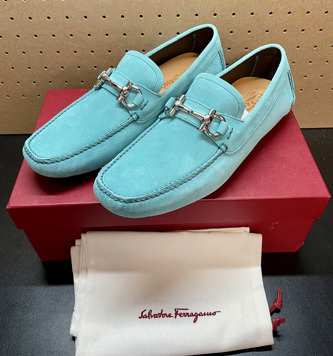 Salvatore Ferragamo Blue Suede Men\'s Loafers 9EE, Light Blue Denim Color Suade Salvatore Ferragamo Loafer Blue Casual Shoes for Men for  main image 4