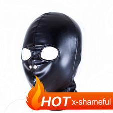 PU Leather Padded Strapped Zipper Head Hood Blindfold Harness Mask Open Mouth