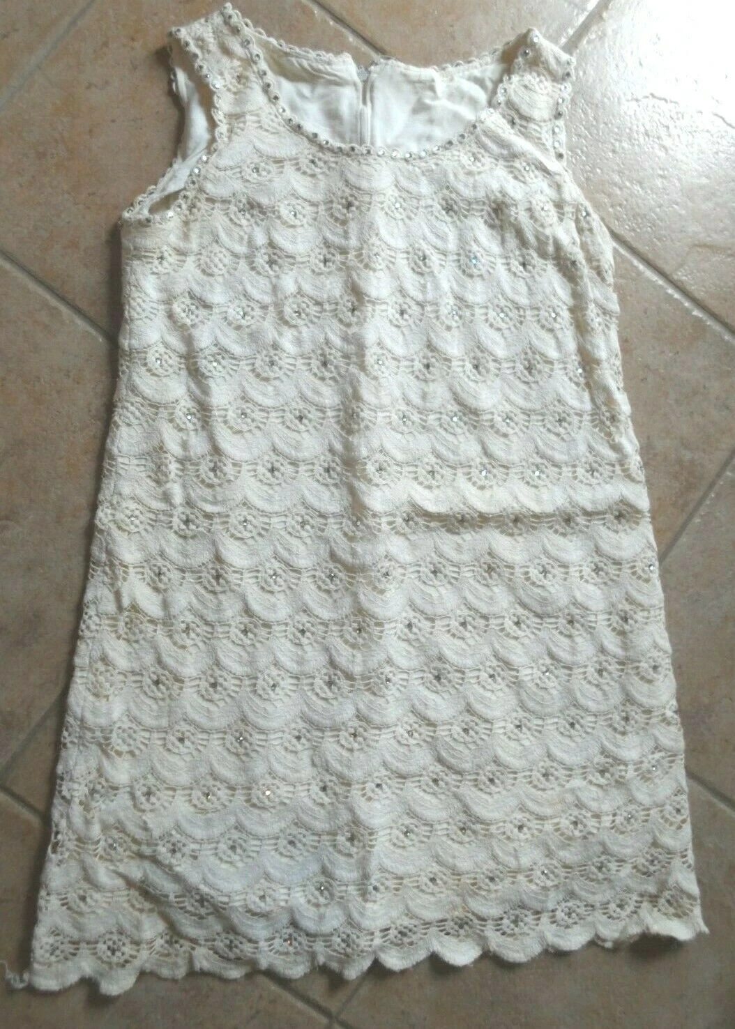 OFF WHITE Mini abito smanicato anni 60 strass uncinetto bianco sporco foderato MOD gogo S M shift