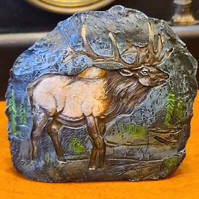 Engraved Resin Rock with Bull Elk 4.75''H x 4.75''L x 1.5''W New In Box -Great Gift