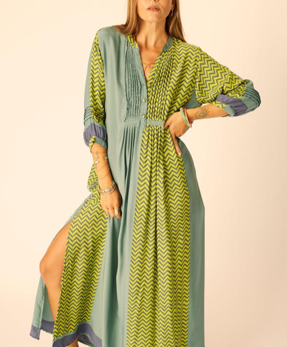 NATALIE MARTIN Sammie Blue Green Silk Maxi Dress Block Zigzag Print Lime XS $390 - Picture 8 of 9