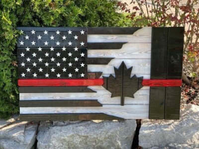 Firefighter Paramedic Cottage Backyard Porch Canada USA Wood Flag Wall Hanging