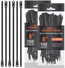 200 Pieces 8" UV Black Nylon Cable Zip Ties Strong with Screw Down Hole