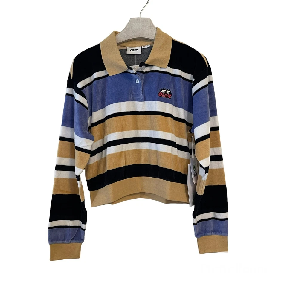 Camisa Polo Pullover Obey Terciopelo Recortado Pequeñas Rayas Mangas Largas Para Mujer’s Foto 2 de 4