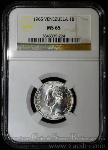 1965 SILVER 1 BOLIVAR NGC MS 65 VENEZUELA